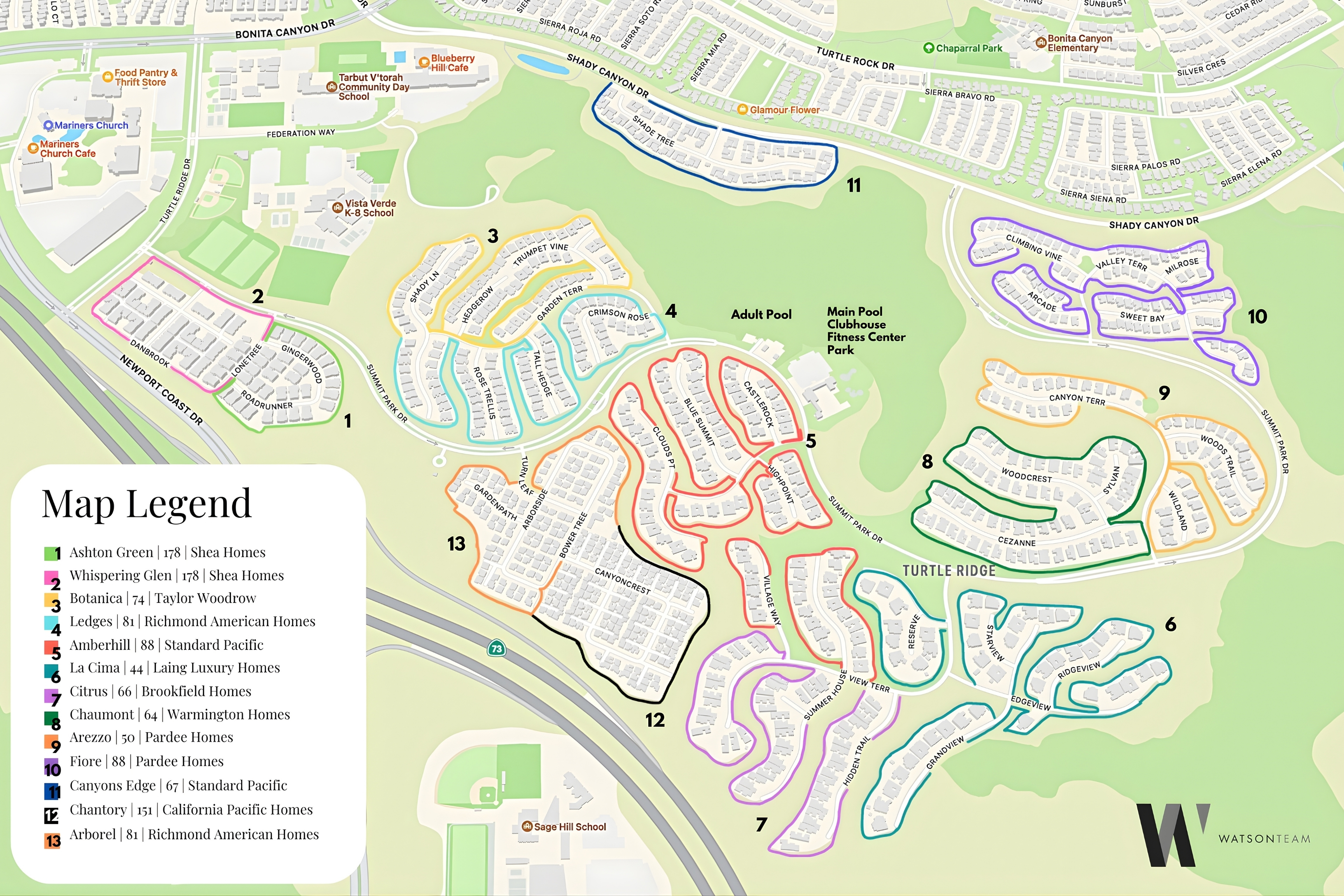 Official map of Turtle Ridge's 13 sub-communities, showing the builder, home count, and street-level boundaries for each neighborhood.